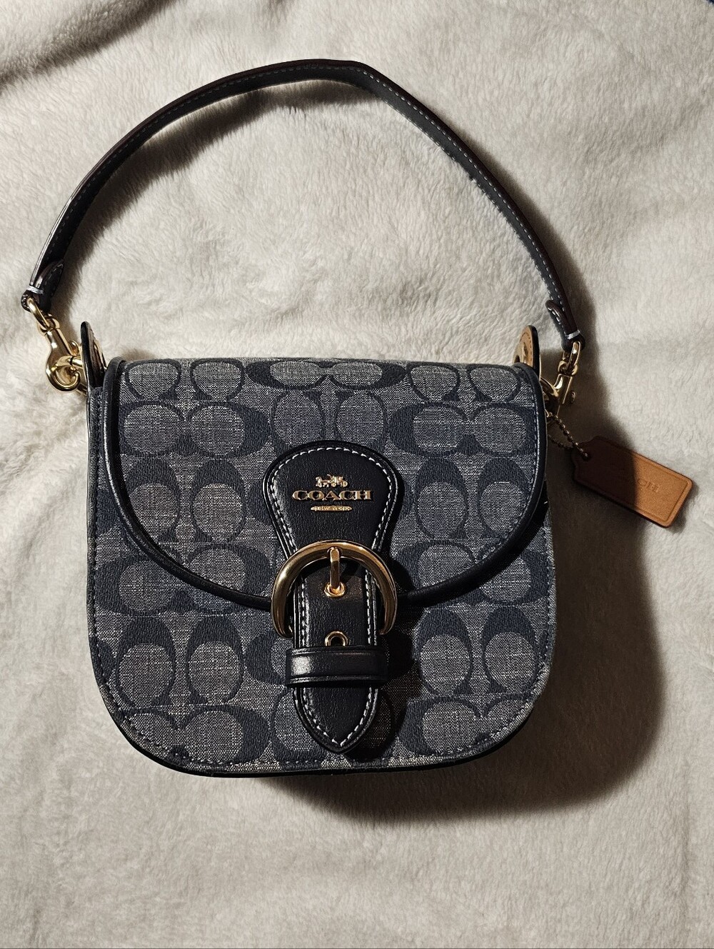 Coach Kleo Shoulder Bag 17 In Signature Chambray Navy Blue & Gold Hardware